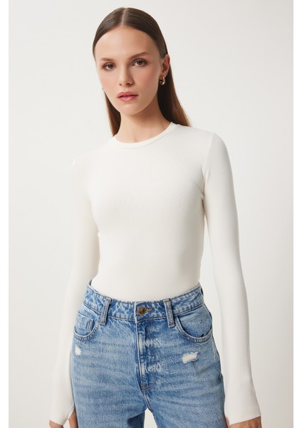 2' Li Paket Bisiklet Yaka Parmak Geçmeli Basic Örme Bluz Ekru Zümrüt Yeşili LCR0011 fiyatları