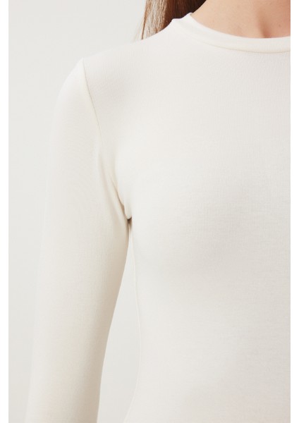 2' Li Paket Bisiklet Yaka Parmak Geçmeli Basic Örme Bluz Ekru Zümrüt Yeşili LCR0011 modelleri