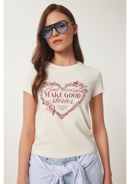 Kalp Baskılı Taşlı Örme T-Shirt