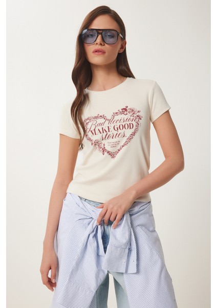 Kalp Baskılı Taşlı Örme T-Shirt fiyatları