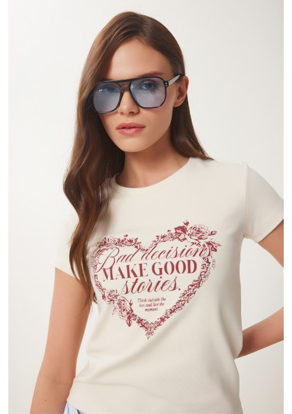 Kalp Baskılı Taşlı Örme T-Shirt modelleri