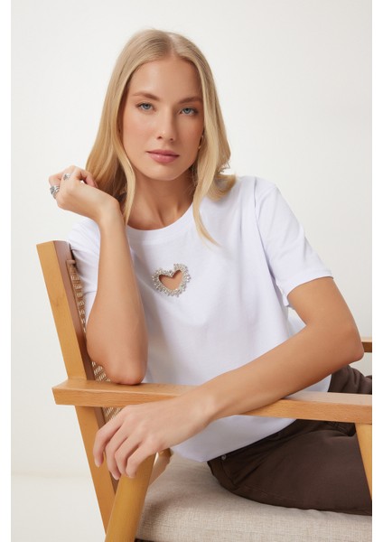 Işıltılı Kalp Aksesuarlı Pamuklu Örme T-Shirt