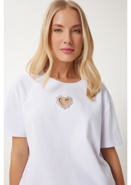 Işıltılı Kalp Aksesuarlı Pamuklu Örme T-Shirt fiyatları