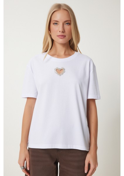 Işıltılı Kalp Aksesuarlı Pamuklu Örme T-Shirt modelleri
