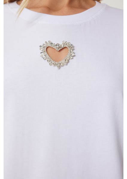 Işıltılı Kalp Aksesuarlı Pamuklu Örme T-Shirt fırsatları