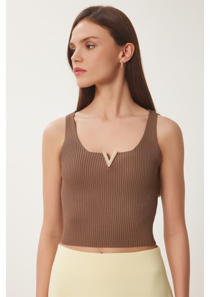Gold Aksesuarlı Crop Fitilli Triko Bluz