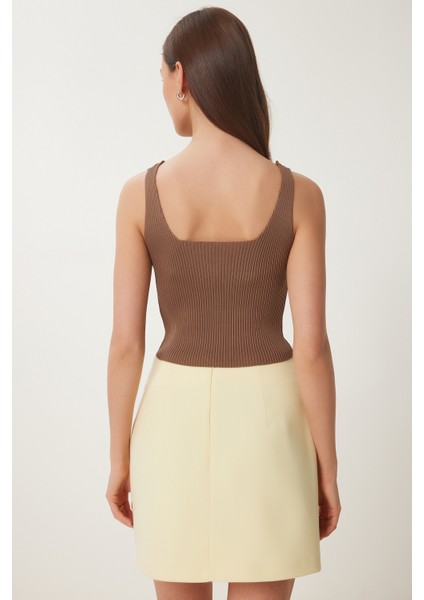 Gold Aksesuarlı Crop Fitilli Triko Bluz