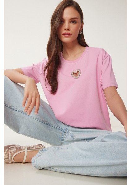 Işıltılı Kalp Aksesuarlı Pamuklu Örme T-Shirt