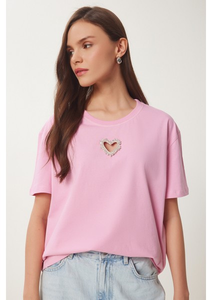 Işıltılı Kalp Aksesuarlı Pamuklu Örme T-Shirt fiyatları