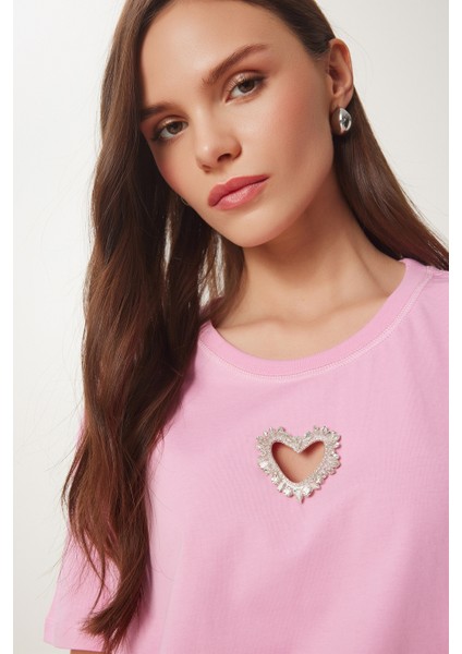 Işıltılı Kalp Aksesuarlı Pamuklu Örme T-Shirt modelleri