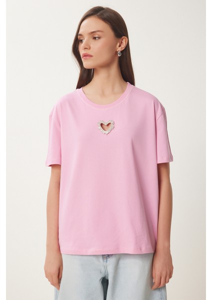 Işıltılı Kalp Aksesuarlı Pamuklu Örme T-Shirt fırsatları