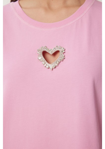 Işıltılı Kalp Aksesuarlı Pamuklu Örme T-Shirt indirimleri