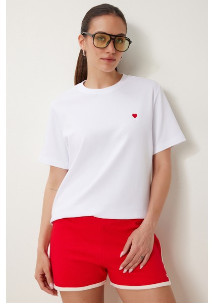 Kalp Nakışlı Pamuklu Örme T-Shirt