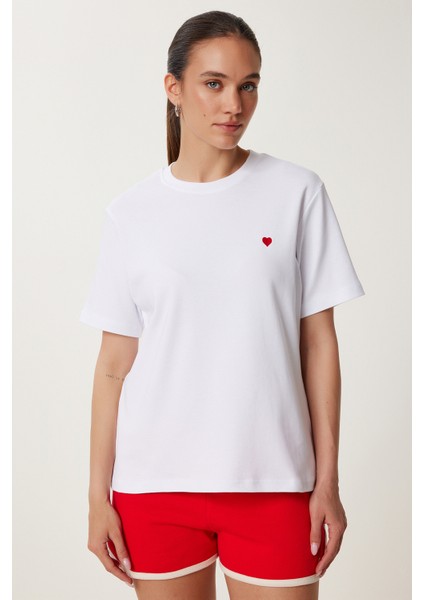 Kalp Nakışlı Pamuklu Örme T-Shirt fırsatları