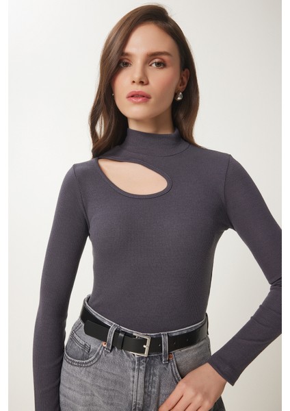 2'li Paket Cut Out Detaylı Fitilli Örme Bluz Antrasit Beyaz LGT0034