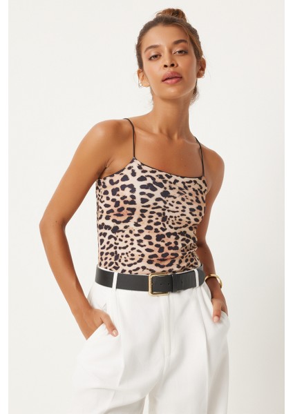 Leopar Desenli Ip Askılı Crop Örme Bluz