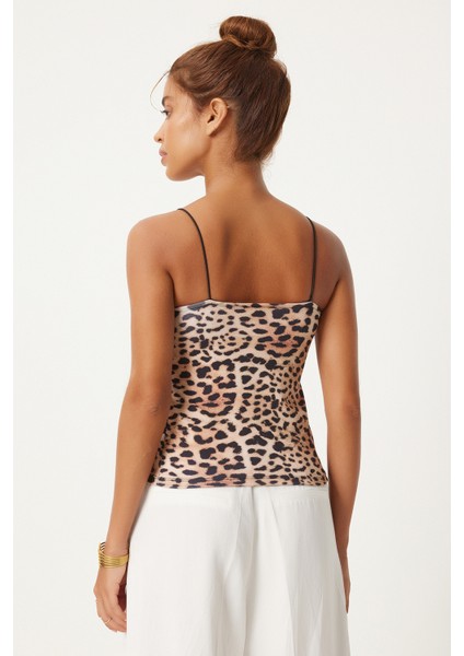 Leopar Desenli Ip Askılı Crop Örme Bluz