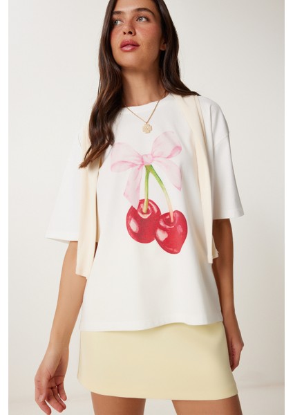Kiraz Baskılı Pamuklu Örme T-Shirt