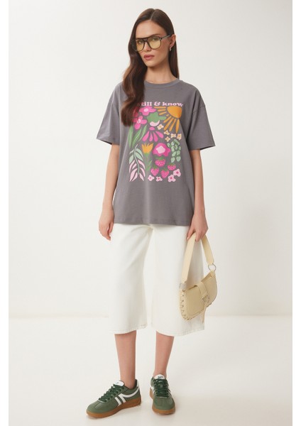 Oversize Baskılı Örme T-Shirt