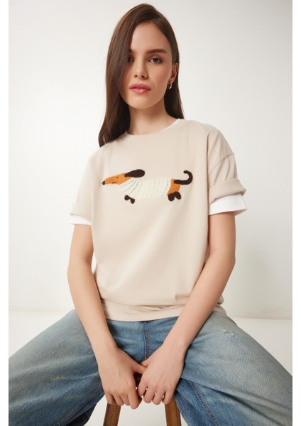 Nakışlı Pamuklu Oversize Örme T-Shirt