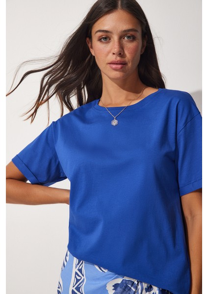 Bisiklet Yaka Pamuklu Bol Örme T-Shirt