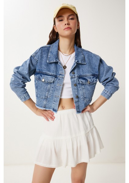 Püskül Detaylı Denim Crop Ceket