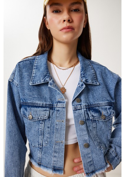 Püskül Detaylı Denim Crop Ceket