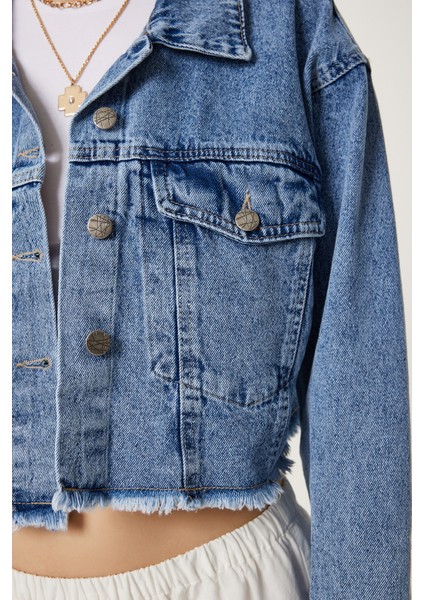Püskül Detaylı Denim Crop Ceket