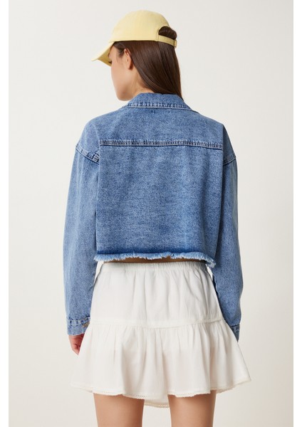 Püskül Detaylı Denim Crop Ceket