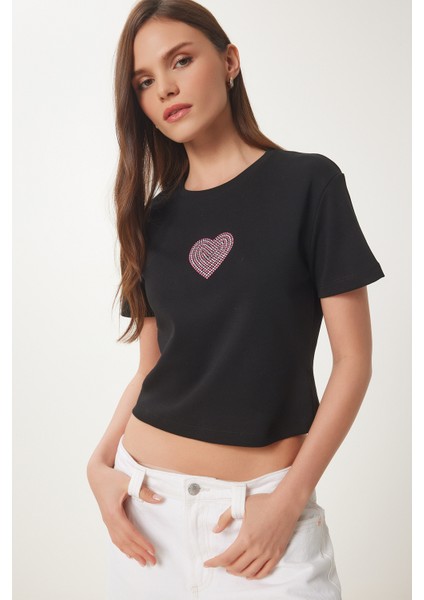 Taşlı Kalp Detaylı Crop Örme T-Shirt