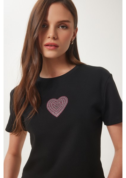 Taşlı Kalp Detaylı Crop Örme T-Shirt fiyatları