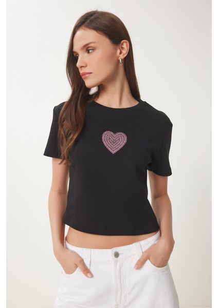 Taşlı Kalp Detaylı Crop Örme T-Shirt modelleri