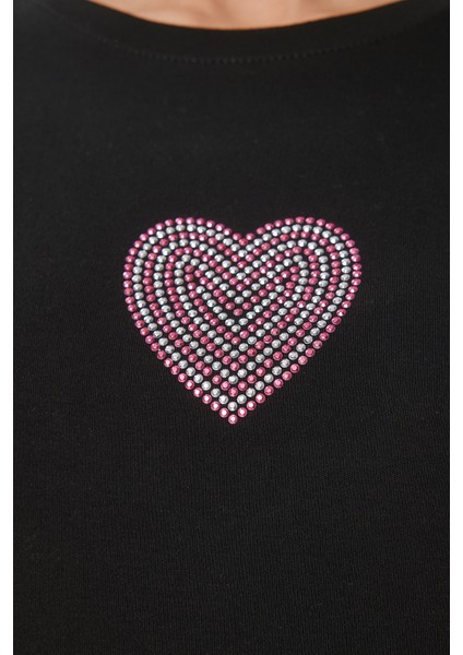 Taşlı Kalp Detaylı Crop Örme T-Shirt fırsatları