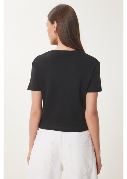 Taşlı Kalp Detaylı Crop Örme T-Shirt indirimleri