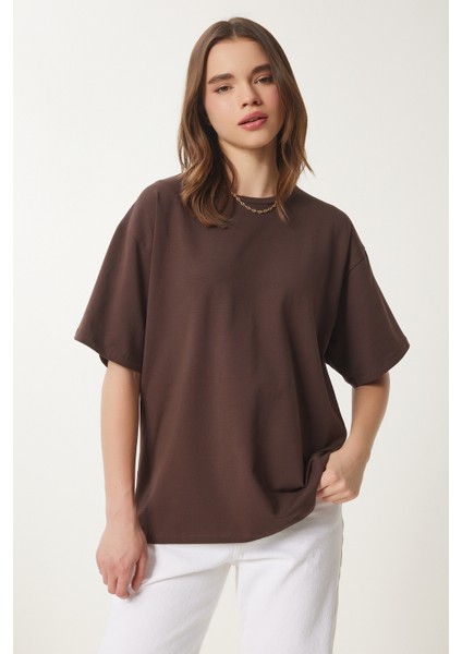 Basic Oversize Örme T-Shirt Kahverengi LHW0003