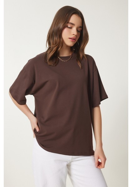 Basic Oversize Örme T-Shirt Kahverengi LHW0003