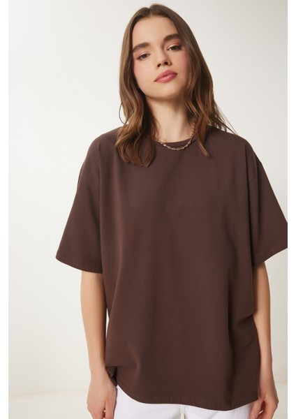Basic Oversize Örme T-Shirt Kahverengi LHW0003