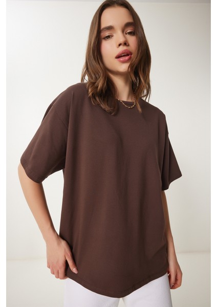 Basic Oversize Örme T-Shirt Kahverengi LHW0003