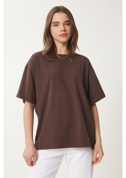 Basic Oversize Örme T-Shirt Kahverengi LHW0003