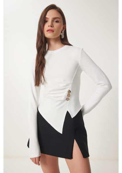 Düğmeli Büzgülü Asimetrik Kesim Örme Bluz LFW0001 KEMİK