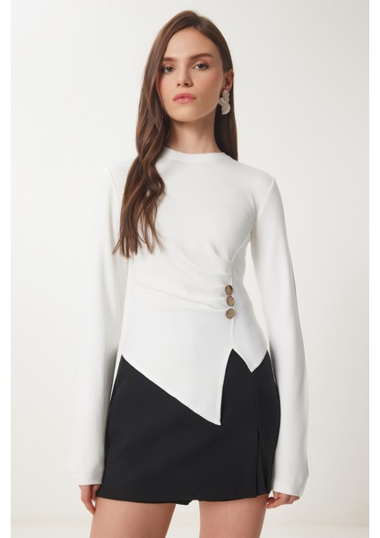 Düğmeli Büzgülü Asimetrik Kesim Örme Bluz LFW0001 KEMİK fiyatları