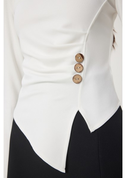 Düğmeli Büzgülü Asimetrik Kesim Örme Bluz LFW0001 KEMİK fırsatları