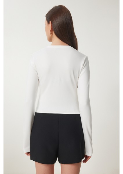 Düğmeli Büzgülü Asimetrik Kesim Örme Bluz LFW0001 KEMİK indirimleri