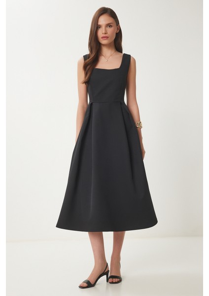 A Kesim Midi Dokuma Elbise LWF0026 SİYAH