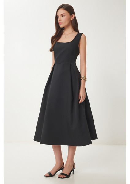 A Kesim Midi Dokuma Elbise LWF0026 SİYAH fiyatları