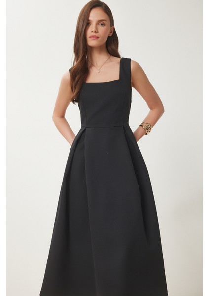 A Kesim Midi Dokuma Elbise LWF0026 SİYAH modelleri