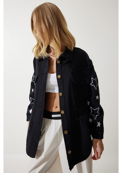 Yıldız Nakışlı Oversize Gömlek Ceket LSA0004 SİYAH