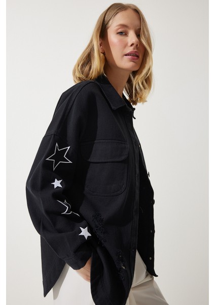 Yıldız Nakışlı Oversize Gömlek Ceket LSA0004 SİYAH modelleri