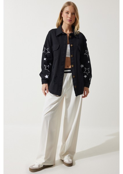 Yıldız Nakışlı Oversize Gömlek Ceket LSA0004 SİYAH fırsatları