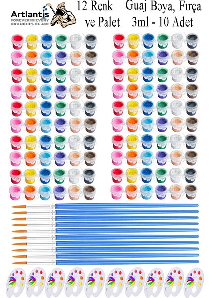 Guaj Boya 3 ml 12 Renk Resim Fırçası ve Paleti 10 Paket Mini Küçük Guaj Boya Etkinlik Boyama Boyası Su Bazlı Resim Okul
